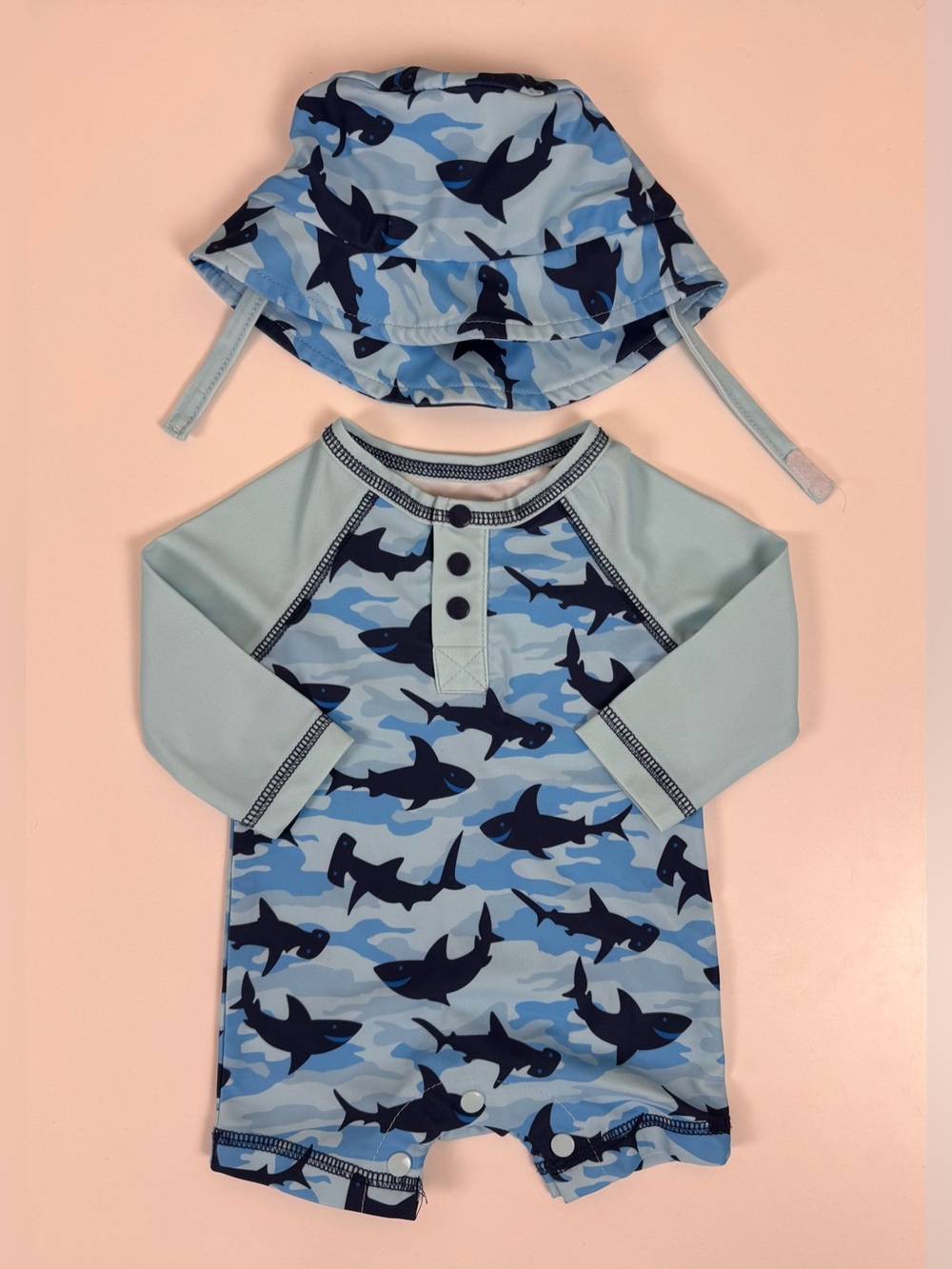 Mud Pie Camo Shark Rash Guard One-Piece Swimsuit & Hat Set